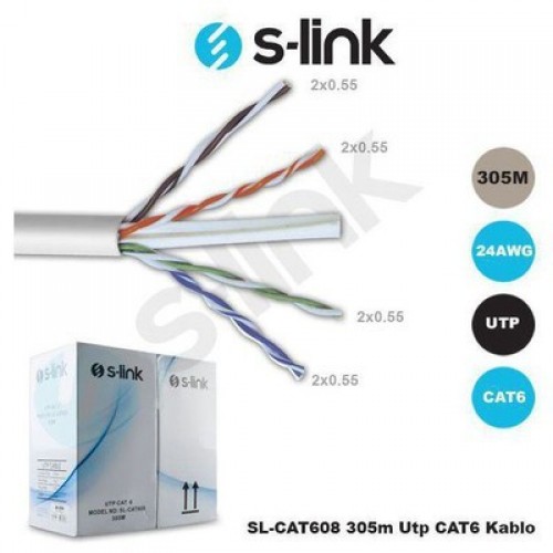 S-LINK SL-CAT608-Gri UTP CAT6 305m 24AWG 4P*0.50MM CAT6 CCA GRİ NETWORK KABLOSU